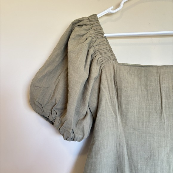 SNDYS Revolve Dress L Olive Tuscany Linen Mini Puff Sleeves Cottagecore Party - Picture 3 of 10